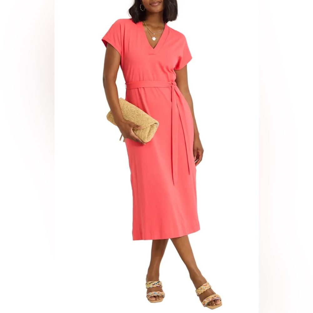 Tommy Bahama Islandscape Jersey Midi Dress NWT Melon Berry V Neck Pockets‎ XS